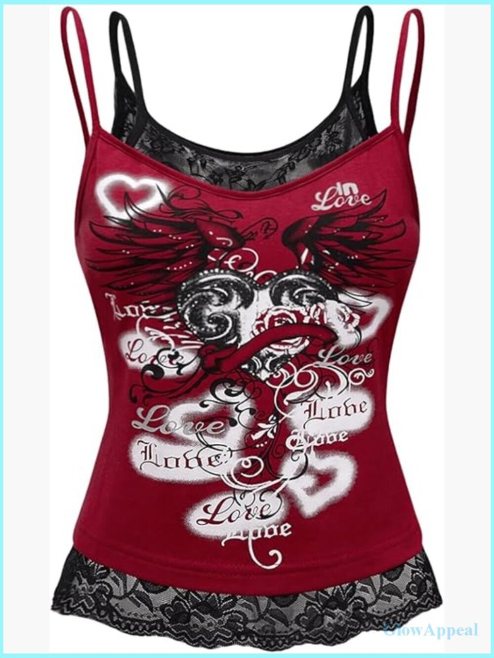 Y2K Gothic Graphic Cami Top Lace Trim Spaghetti Strap Crop Top